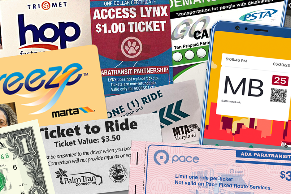 A collage of different fare types, including cash, paper tickets, digital passes, transit cards, and the like.