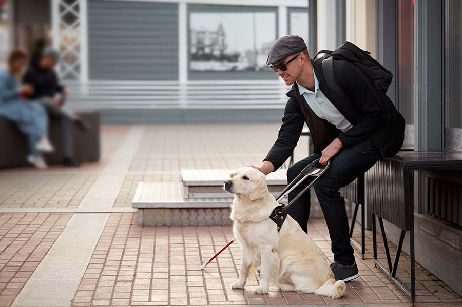 An adult man wearing business casual attire, is rising from a seated position, while patting his guide dog on the head. He has a cane in the same hand as his dog leash.