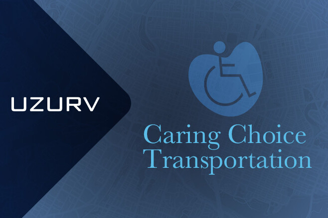 UZURV Logo, image of a stick figure in a wheelchair, and the Caring Choice Transportation logo.