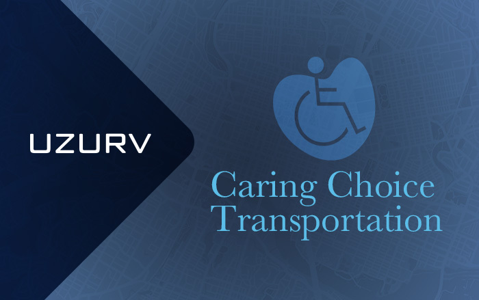 UZURV Logo, image of a stick figure in a wheelchair, and the Caring Choice Transportation logo.