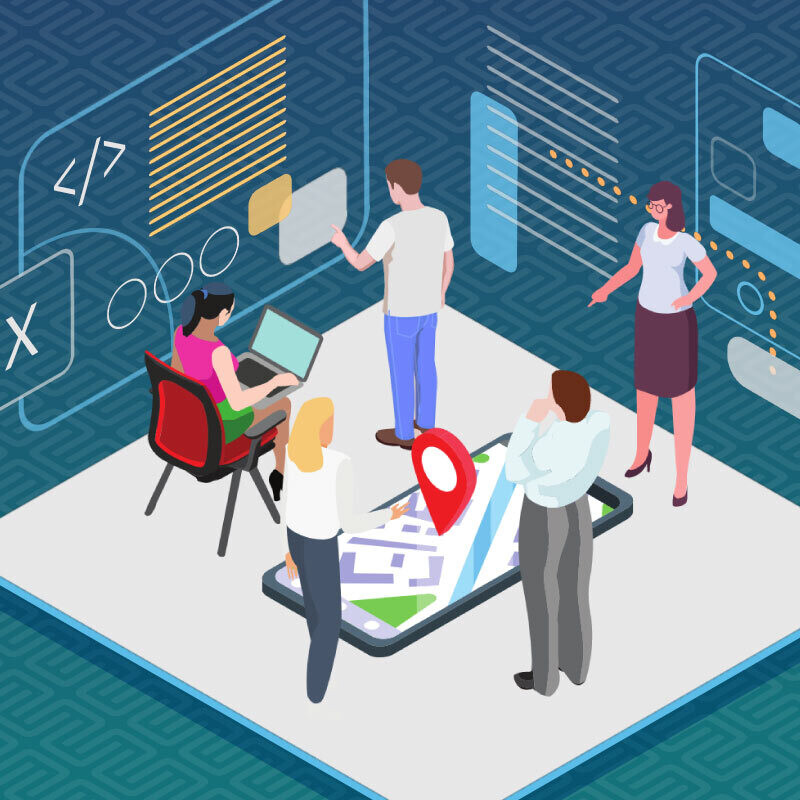 An image depicting five people discussing UX and how best to include feedback.